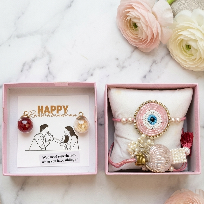 Pink Evil Eye Bhaiya Bhabhi Rakhi Set with Pearl