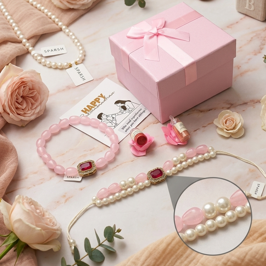Pink Bhaiya Bhabhi Rakhi Set With Red Ruby Touch