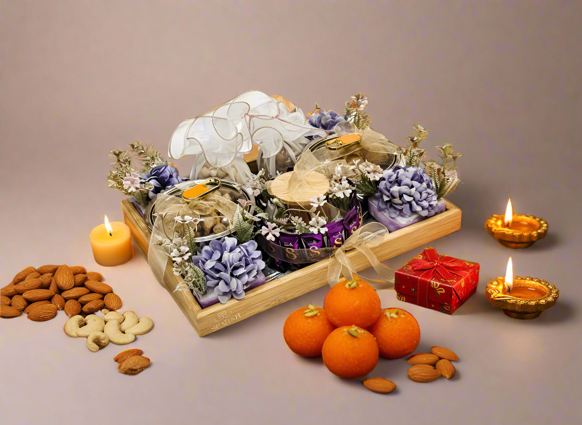 Buy Luxury Gift Tray with Chocolates, Kaju Mathri, Laddoo, Dry Fruits & Scented Candle – Best Diwali & Wedding Hamper