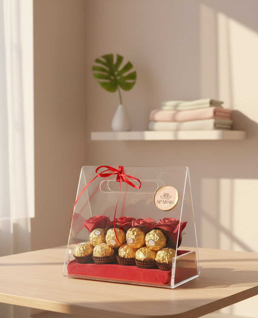 Clear gift box with gold-wrapped chocolates on a wooden table, with a plant and books in the background.