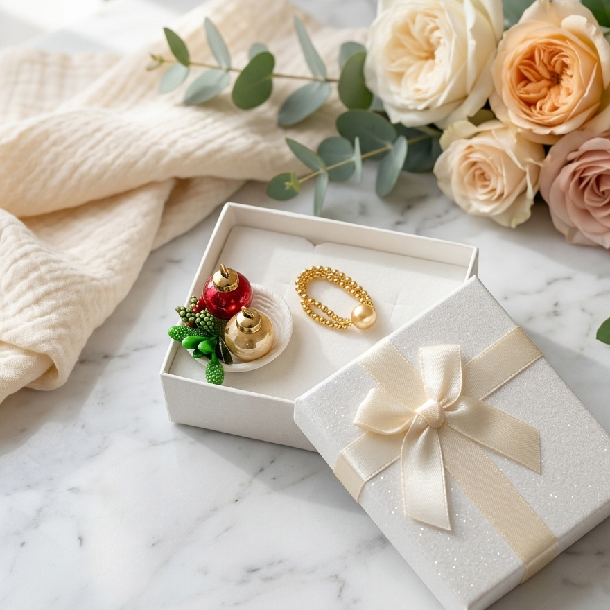A white gift box with a cream satin ribbon bow sits on a white marble surface, next to an open white box containing a gold ring and a small holiday ornament. Cream-colored roses and eucalyptus leaves decorate the background.