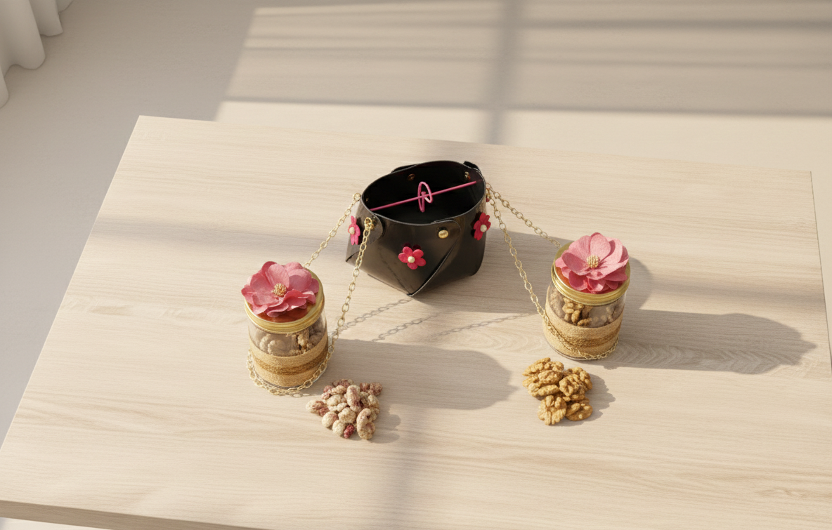 Small black handbag with pink floral accents on a light wooden surface.