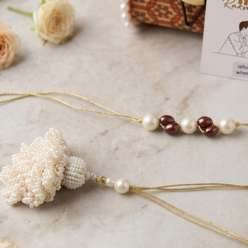 Pearl Tassel Rakhi Set with Wooden Treasure Box