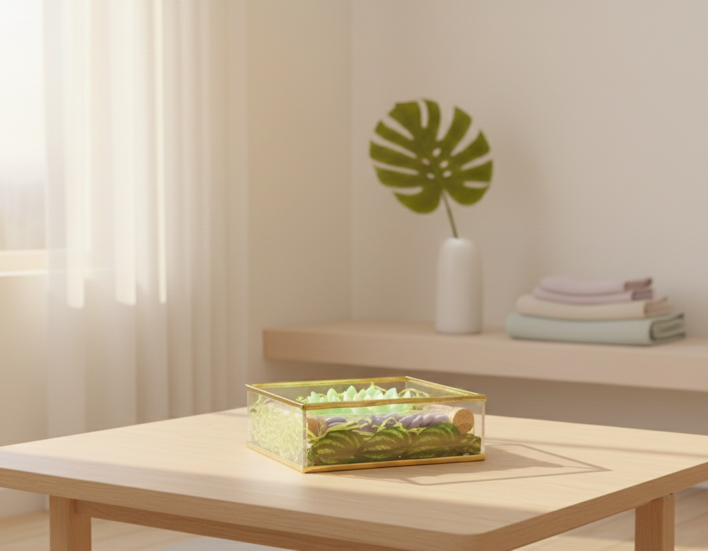 Glass container with plants on a wooden table in a bright room with curtains and a plant.