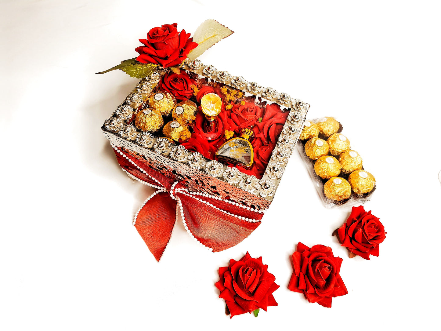 Buy Transparent Metal & Glass Festival Gift Tray with Attar & Chocolates - SPARSH