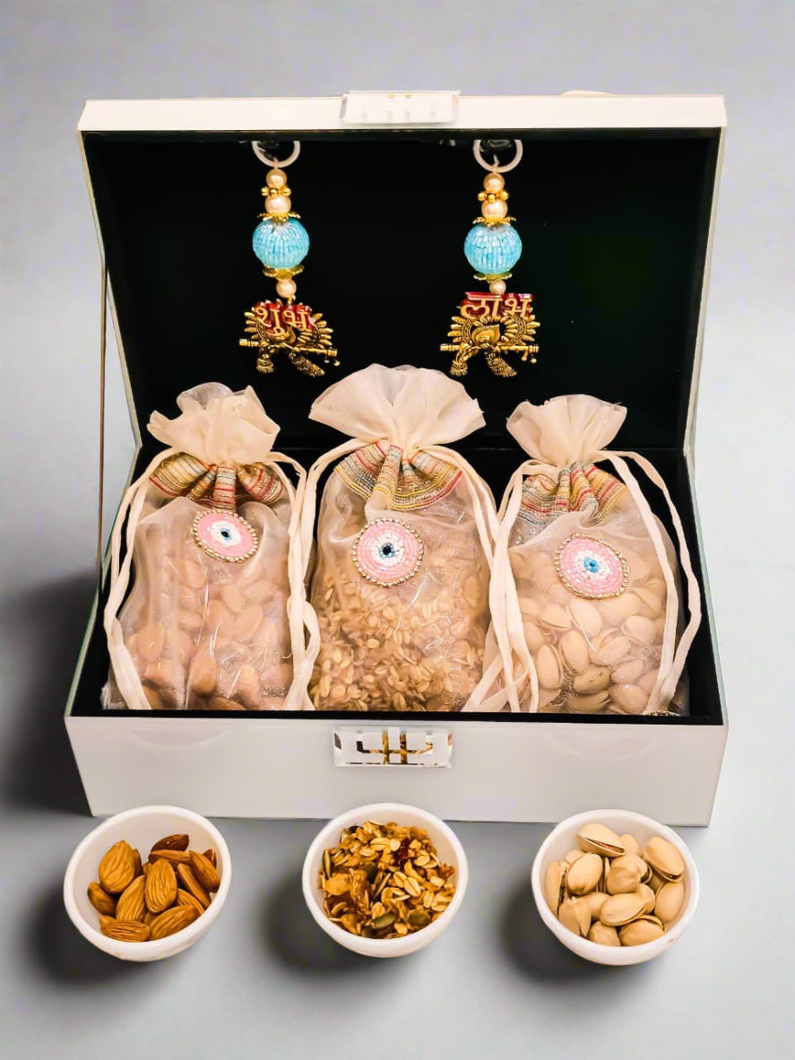 Buy Luxury Glass Diwali Gift Box – Includes Dry Fruit Potli & Shubh Labh Gesture