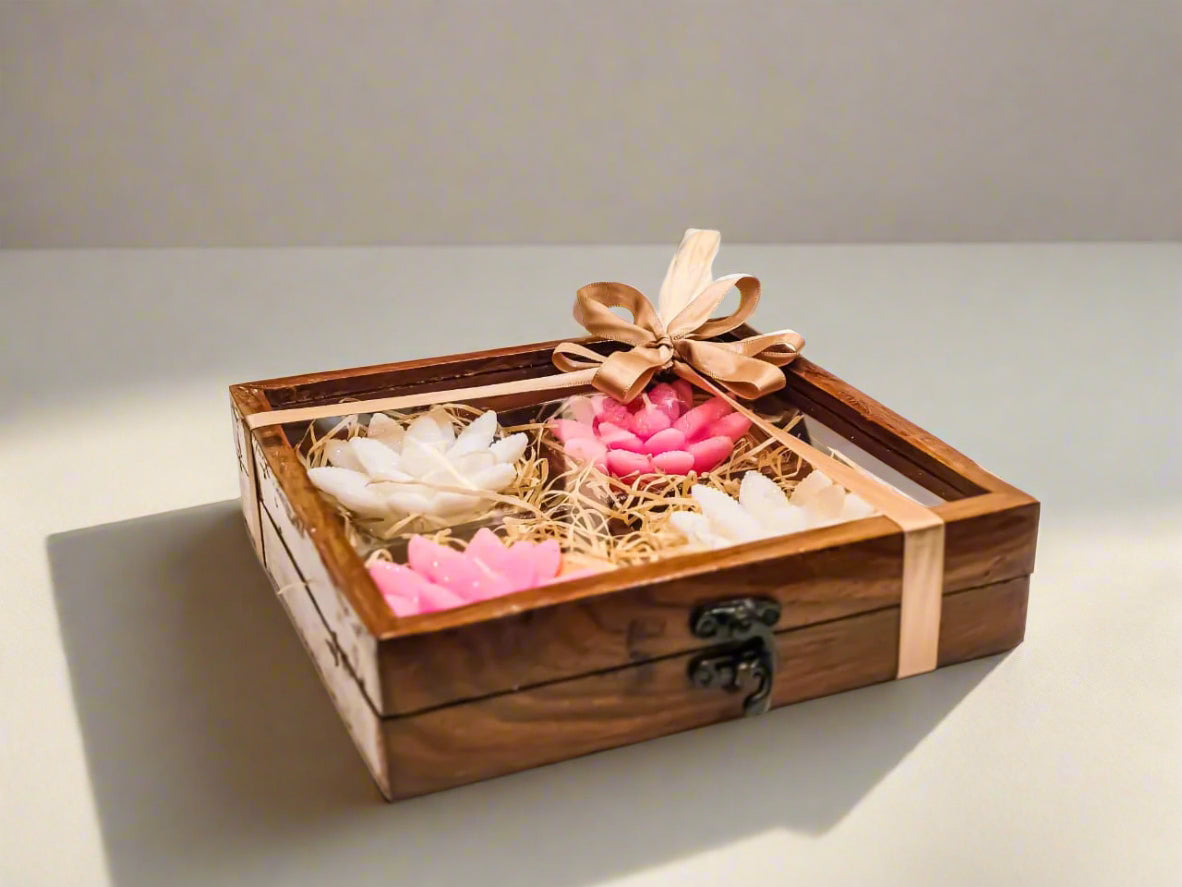 Buy Wooden & Glass Luxury Gift Box with Floral Scented Candles – Diwali & Festive Hamper