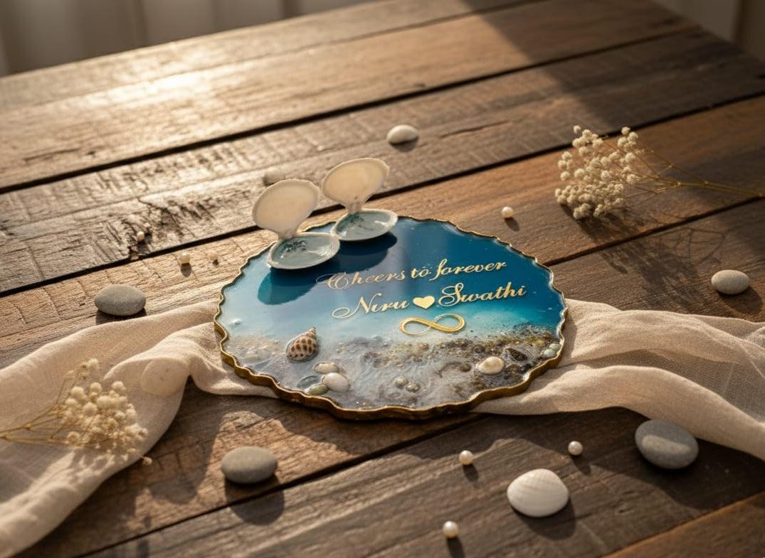 Decorative resin ring platter with a beach scene and acrylic letters text on resin surface