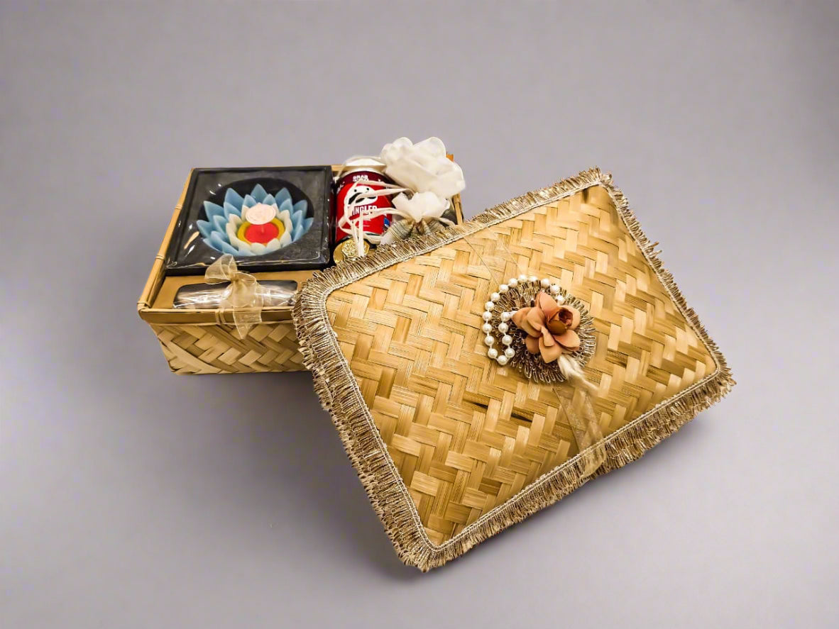 Buy Decorated Jute Gift Box – Dry Fruits, Snacks, Cookies & Floral Candle Hamper for Diwali & Weddings