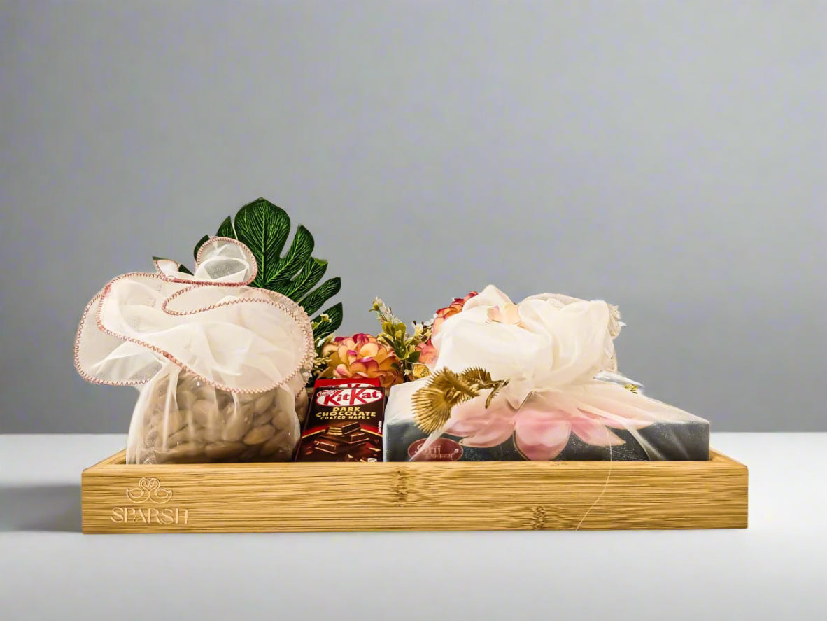 Buy Luxury Gift Tray with Dry Fruits, Chocolates, Laddoo & Floral Bouquet – Perfect for Diwali &Wedding Gifts