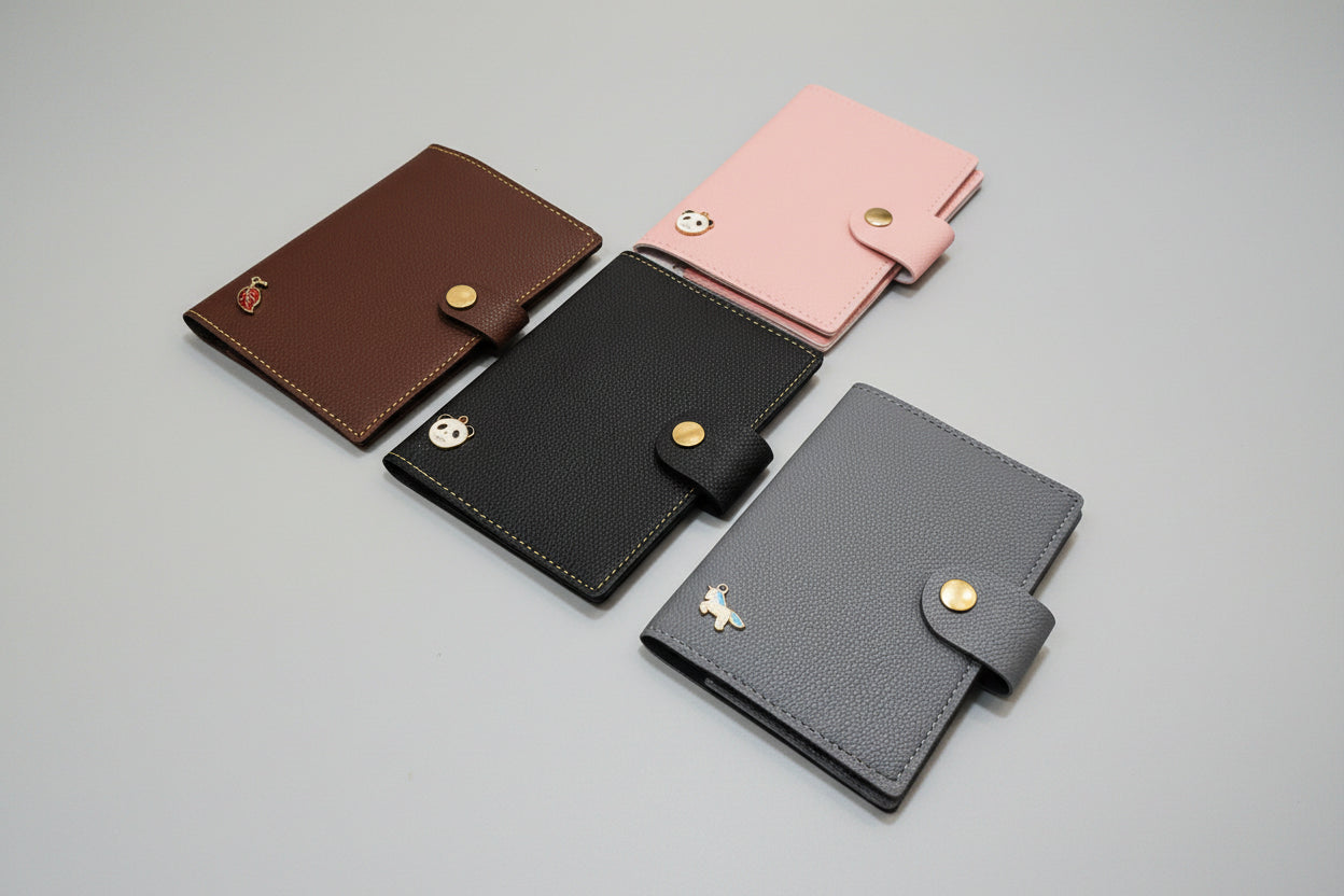 leather passport covers in brown, black, pink, and gray on a white surface.