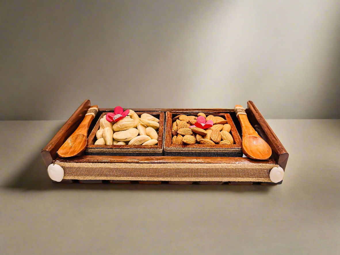 Buy Wooden Dry Fruit Tray Set Online – 2 Bowls with Wooden Spoons for Diwali & Wedding Gifting