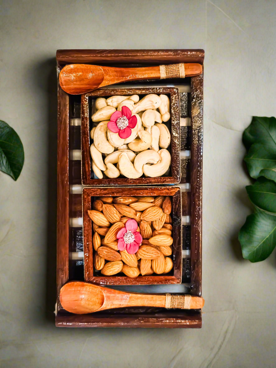 Buy Wooden Dry Fruit Tray Set Online – 2 Bowls with Wooden Spoons for Diwali & Wedding Gifting