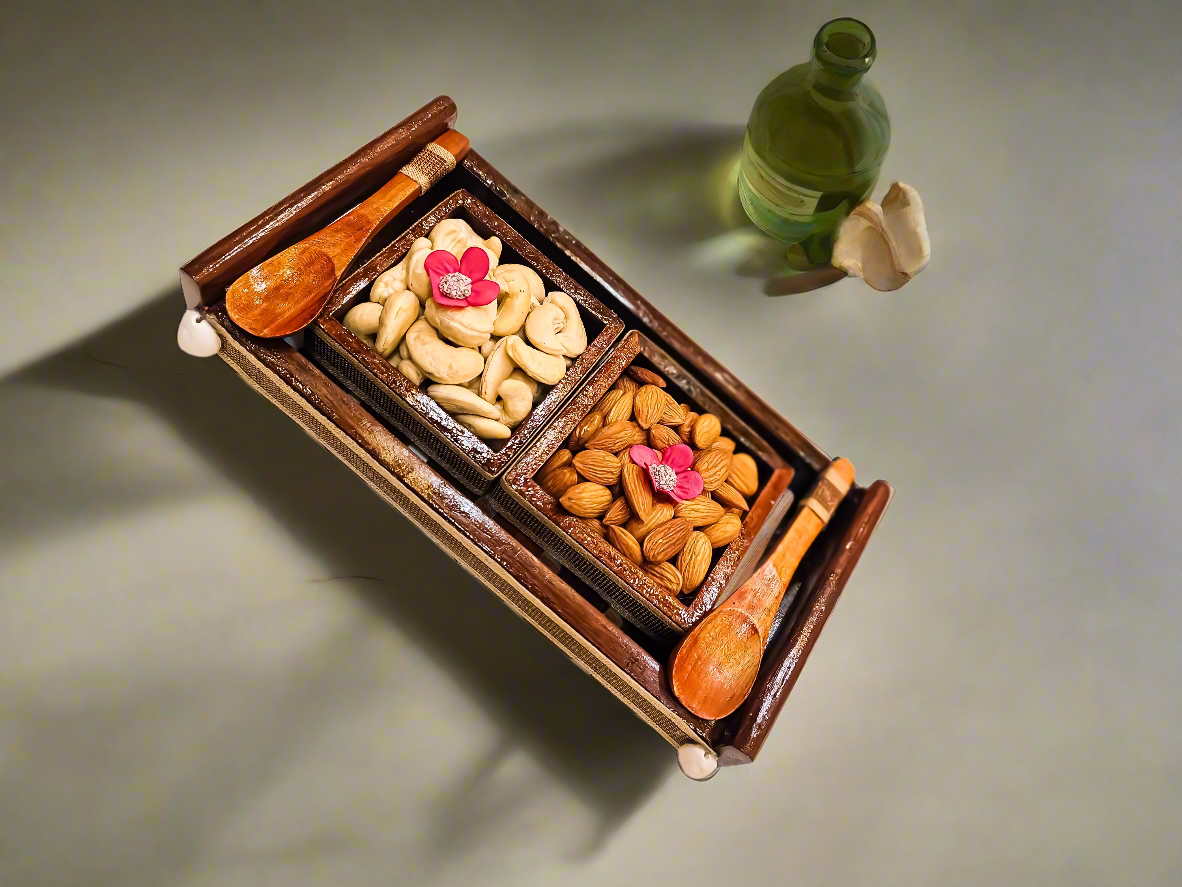 Buy Wooden Dry Fruit Tray Set Online – 2 Bowls with Wooden Spoons for Diwali & Wedding Gifting