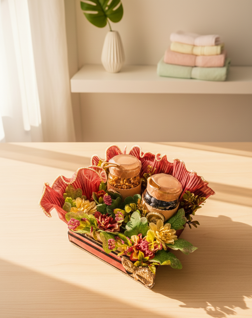 Decorative tray with flowers and jars on a wooden surface, with a shelf in the background.