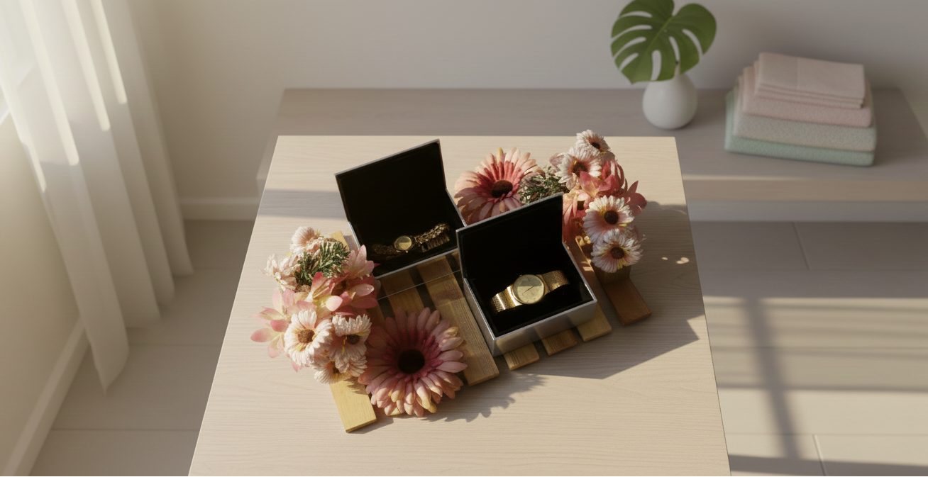Buy Premium Wedding Mirror Jewelry Gift Hamper – Floral Decor Wooden Platter