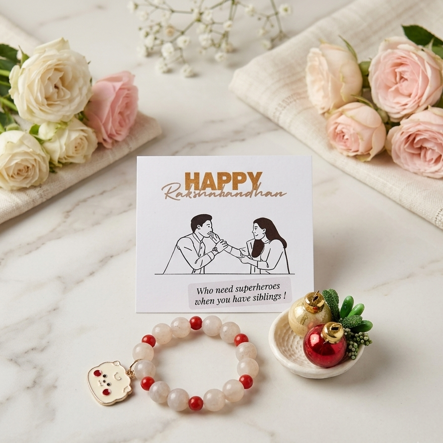 A heartwarming gift set featuring a white beaded bracelet with red beads and a small metal heart charm, displayed next to a strawberry-shaped ornament on a marble surface. A printed card reading 'HAPPY Retirement day' with a simple illustration of a couple is placed behind the bracelet, surrounded by pink and white roses and folded cream linen.
