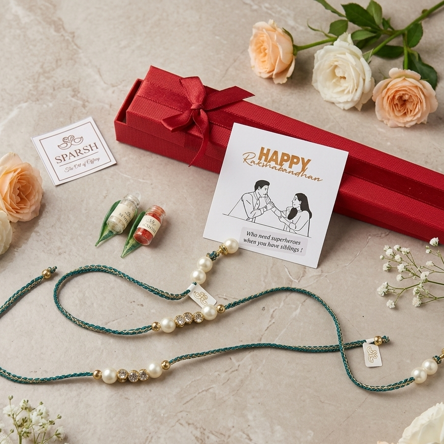 A styled flat-lay of a gift set featuring two green braided string bracelets with white faux pearls and gold spacer beads, a red gift box with a ribbon, a small card reading 'SPARSH', a larger card reading 'HAPPY Relationship app', and decorative peach and white roses on a light stone surface.