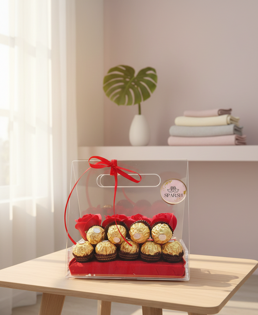Packaged chocolates with a red ribbon on a wooden table