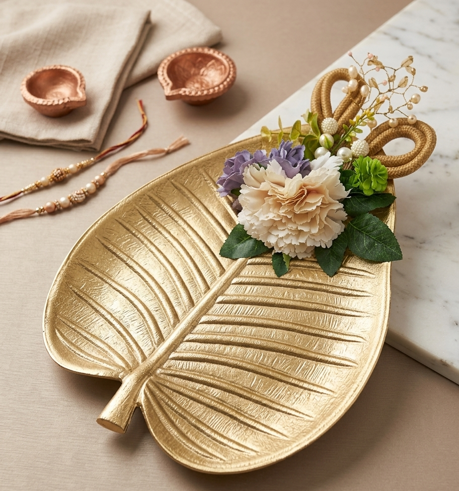 Decorative gold leaf-shaped tray with flowers on a beige surface