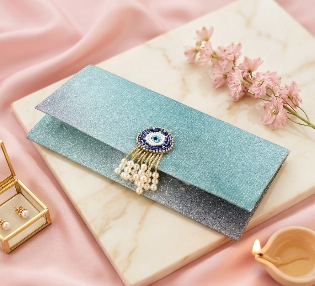 Decorative envelope with an evil eye charm on a marble surface .