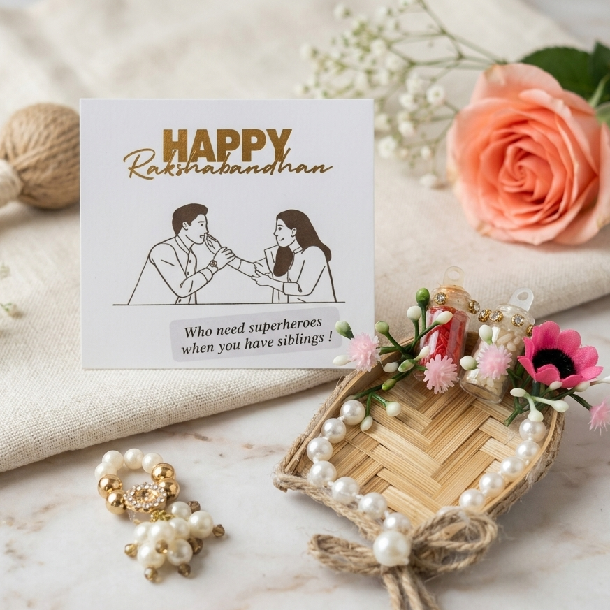 A styled flat-lay of a personalized Rakhihaandhan greeting card with a cartoon illustration and the text 'Who need superheroes when you have siblings!'. The card is arranged on a beige linen cloth with a peach rose, white baby's breath, a small woven basket with pearl-like beads and flowers, and gold-and-white rakhi  on a light marble surface.