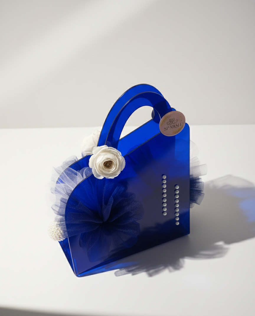 Blue decorative box with floral elements on a white surface
