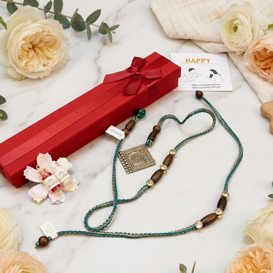 A braided teal and brown beaded Rakhi with a square metal pendant is arranged on a white marble surface with cream roses, greenery, a red gift box.
