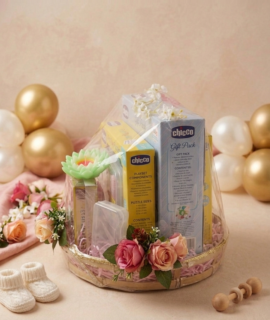 Baby gift set with Baby product in a decorative basket on a beige background