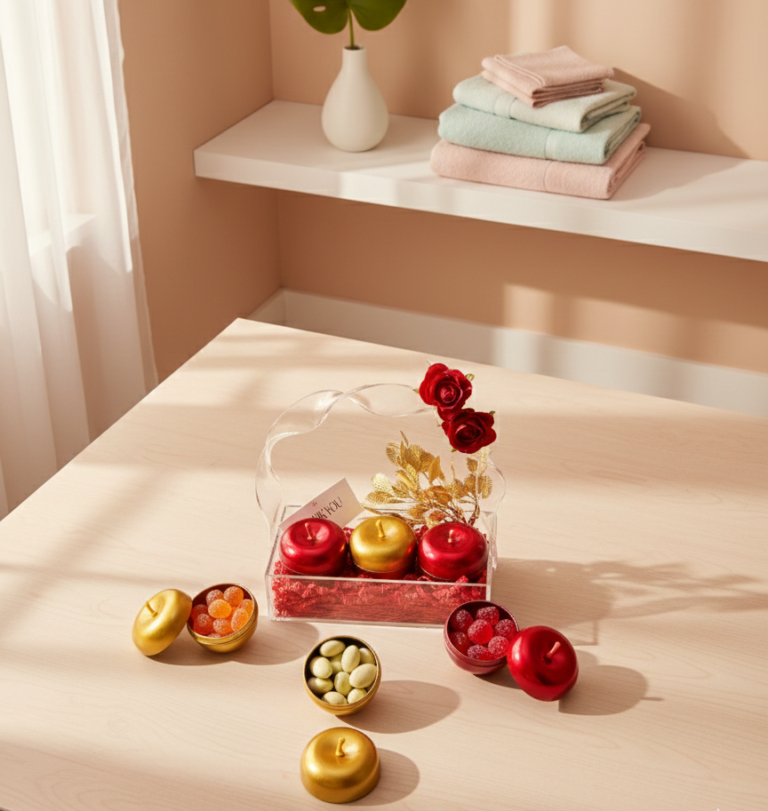 Decorative fruits and flowers on a table with a shelf in the background