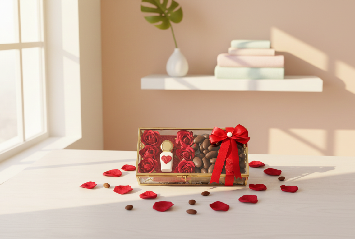 Buy Valentine Glass Gift Hamper – Itra, Choco Almonds & Scented Roses - SPARSH