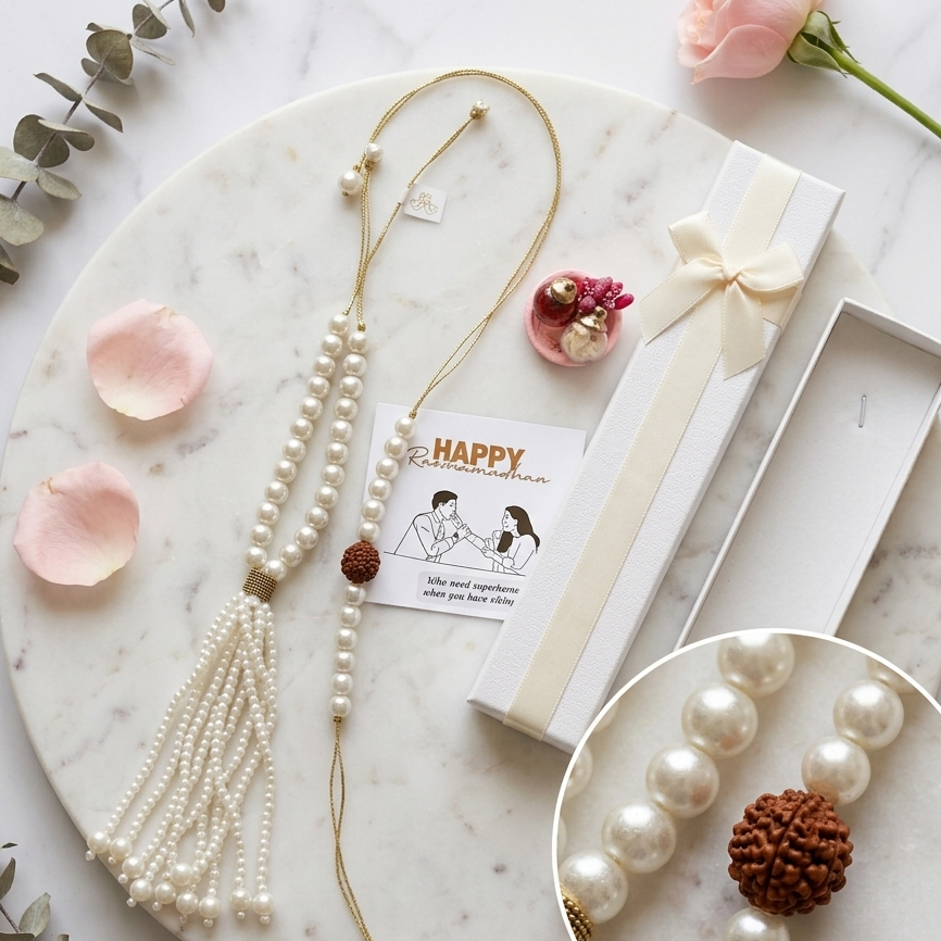 Premium Rudraksha Pearl Bhaiya Bhabhi Rakhi Set with Gift Box