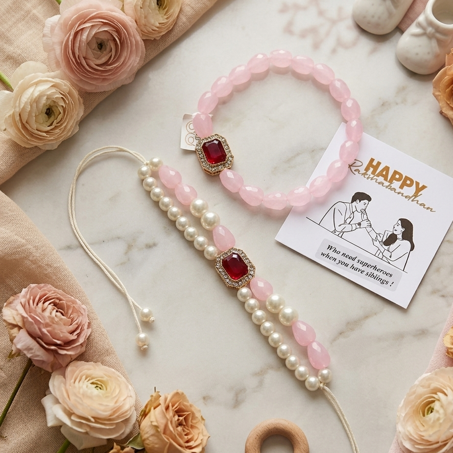 Pink Bhaiya Bhabhi Rakhi Set With Red Ruby Touch
