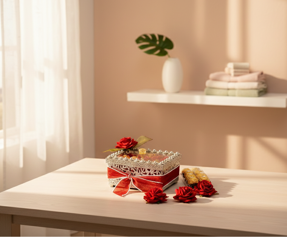 Decorative table setting with a crystal bowl, red flowers, and towels in a bright room.