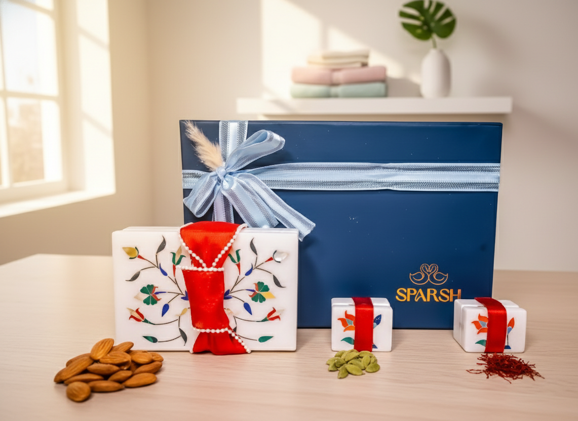 Buy Blue & White Marble & Cardboard Festive Gift Box – Premium Dry Fruit Hamper - SPARSH