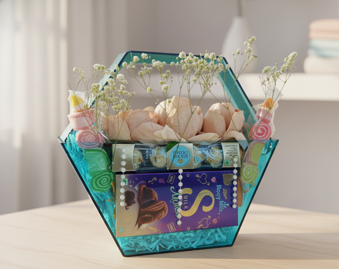 Decorative gift basket with flowers, candies, and chocolate bars on a table.