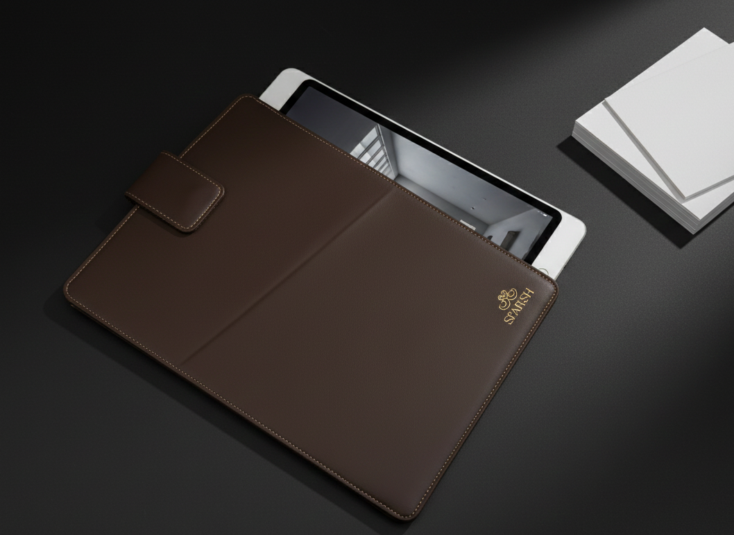 Brown leather MacBook Sleeve with a logo on a dark surface