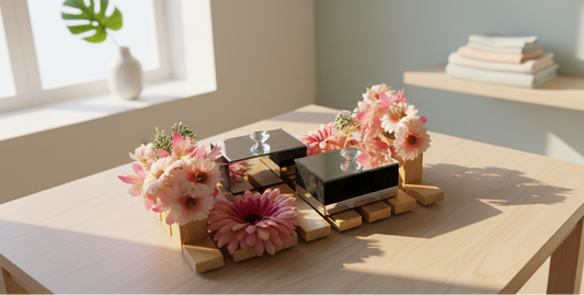 Decorative table with pink flowers and a small black sculpture in a bright room.