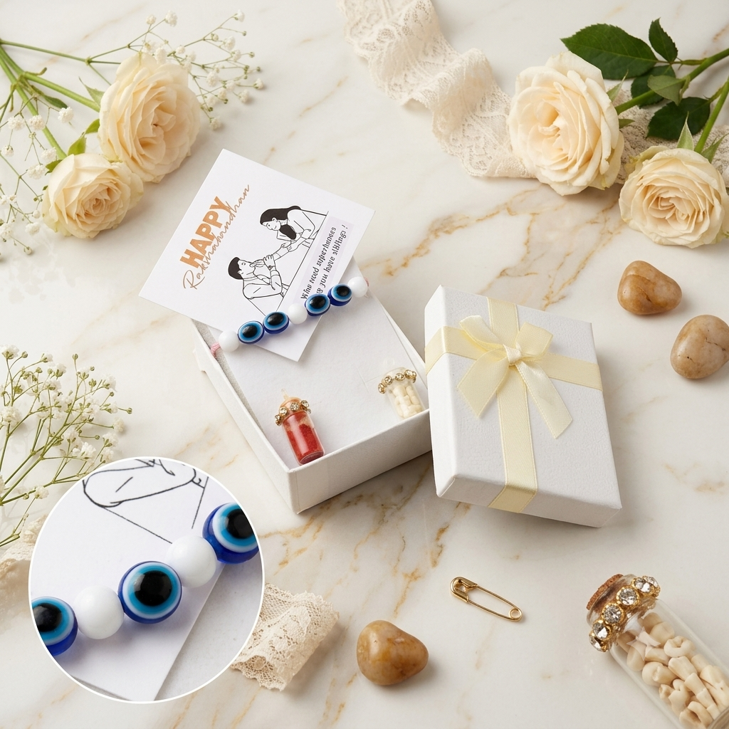 A gift set containing blue and white evil eye beads, a small red vial, a safety pin, and a keepsake box, presented in a white box with a cream ribbon. The scene is styled with cream roses, lace, and small stones on a marble background, with a circular inset showing a close-up of the evil eye beads.