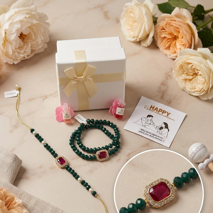 Bhaiya Bhabhi Emerald Beads & Ruby Stone Rakhi