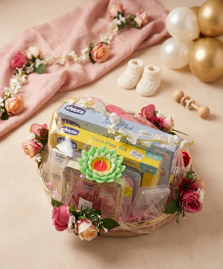 Baby gift basket with Chicco products on a beige surface with flowers and balloons.