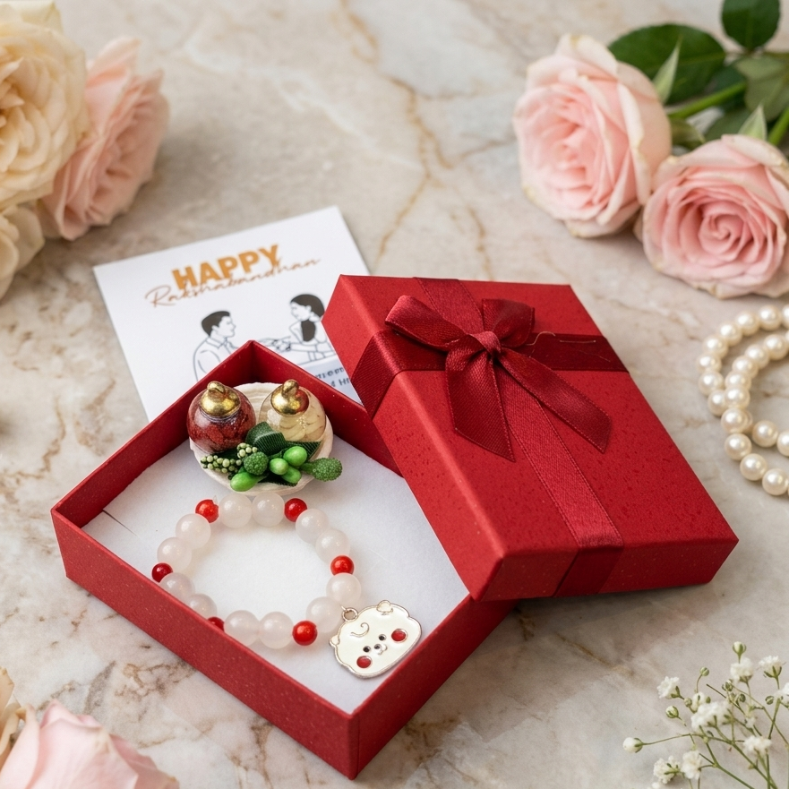A red gift box with a ribbon and bow is open to display a beaded bracelet with decorative charms, surrounded by pink roses, pearl strands, and a small bell on a marble surface.