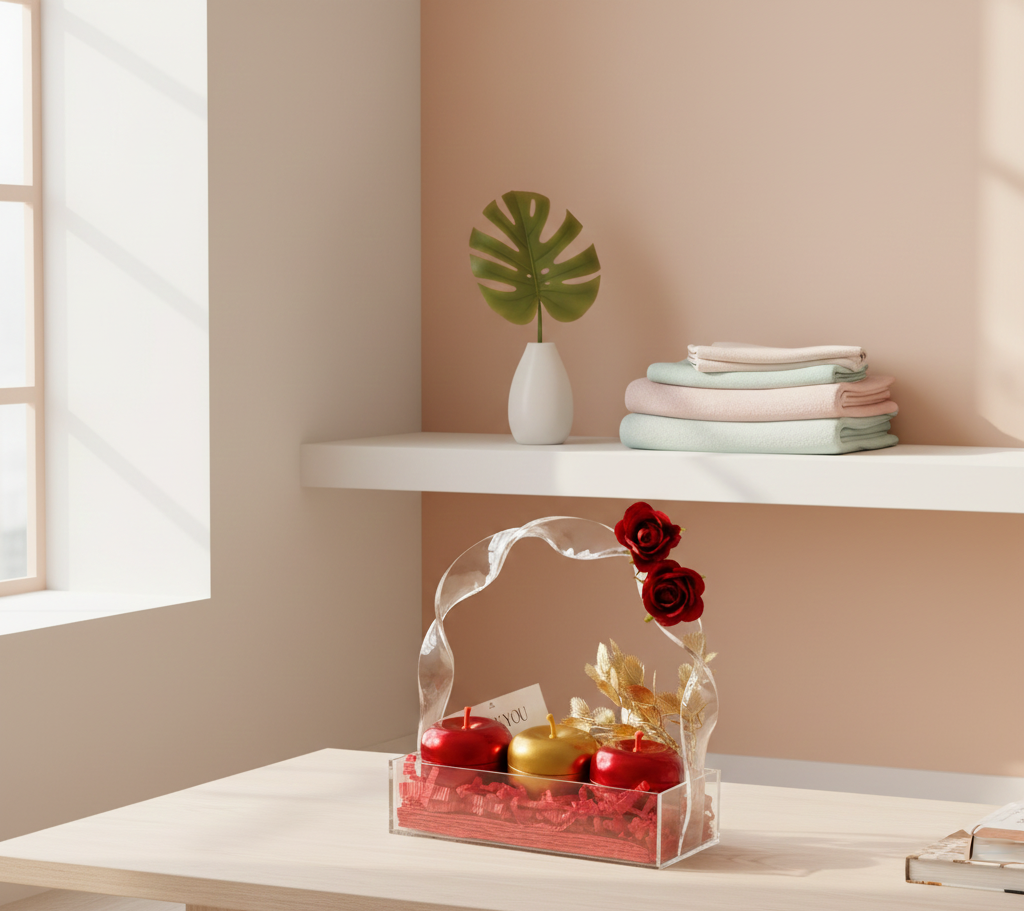 Decorative glass arch with red and gold apples on a table in a bright room.