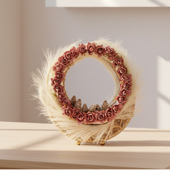 Decorative wreath on a table with a shelf in the background