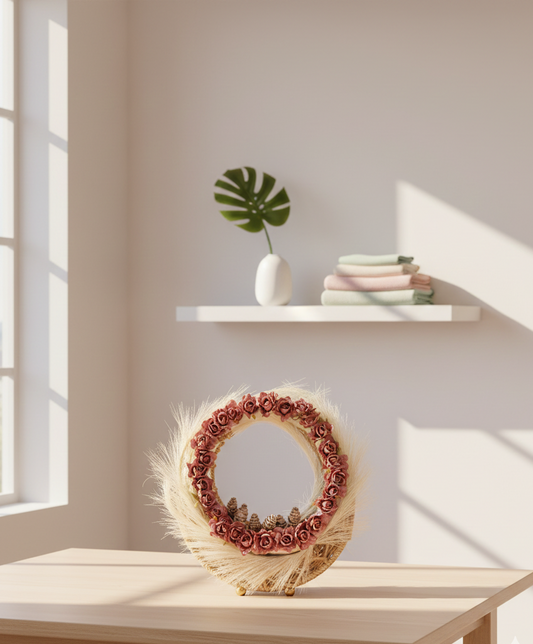 Decorative wreath on a table with a shelf in the background