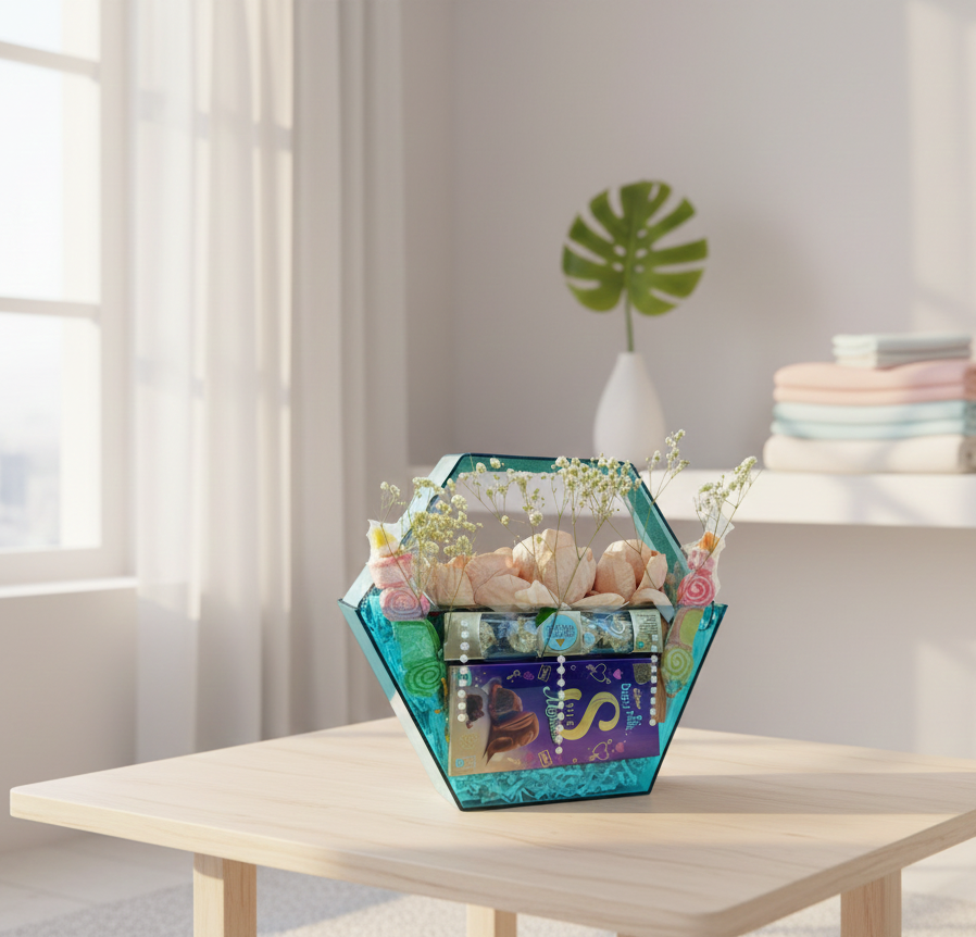 Decorative box with seashells and flowers on a table in a bright room