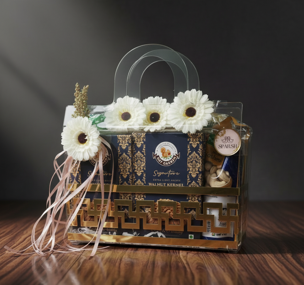 Buy Personalized Dry Fruit Gift Hamper – Transparent White Acrylic Box with Premium Dry Fruits - SPARSH