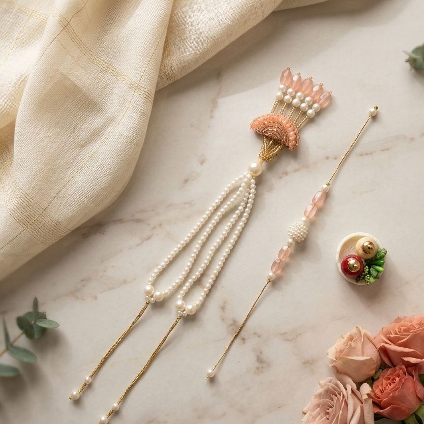 Peach Tassel Rakhi Set For Bhaiya-Bhabhi
