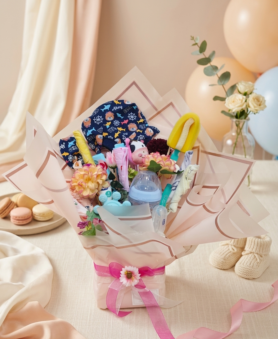 Bouquet of baby items including a onesie, bottle, and toys, with balloons and flowers in the background.
