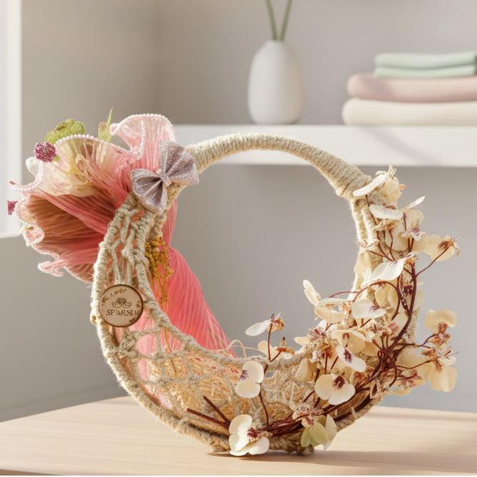 Decorative moon-shaped wreath with flowers on a wooden table in a bright room.
